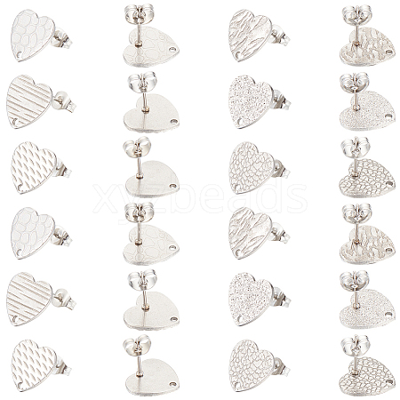 SOFPLATE 48Pcs 6 Styles Textured Heart 304 Stainless Steel Stud Earring Findings STAS-SP0001-48-1