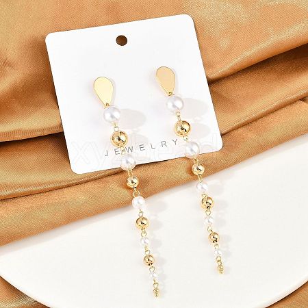 Brass ABS Plastic Pearl Tassel Stud Earrings EJEW-U040-17G-1