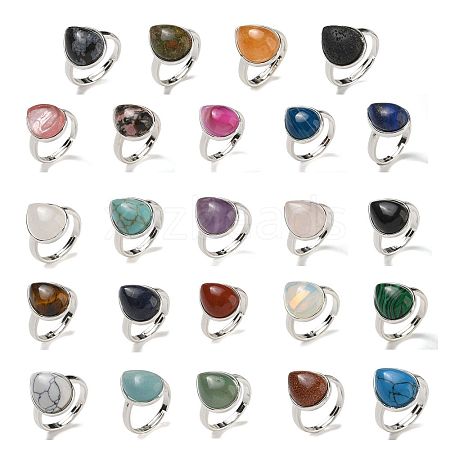 Natural & Synthetic Gemstone Teardrop Adjustable Rings RJEW-K371-08S-1