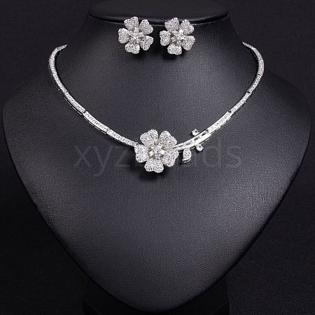 Flower Brass Micro Pave Cubic Zirconia Pendant Necklaces & Stud Earrings Sets WG63143-04-1