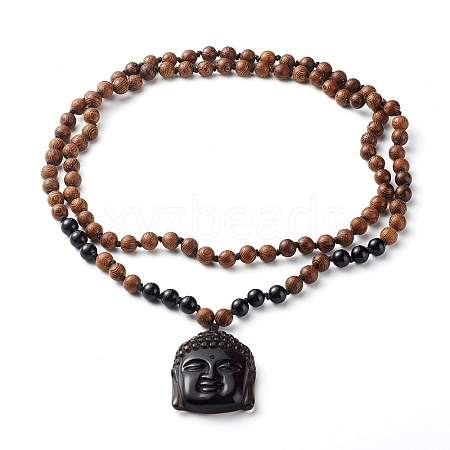 Natural Ice Crystal Obsidian Buddha Head Pendant Necklaces NJEW-JN03644-1