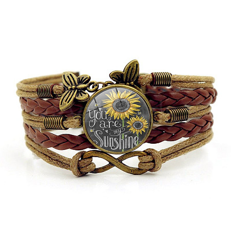 You Are My Sunshine Theme Flat Round with Sunflower Leather Cord Multi Strand Bracelets WGB8E71-03-1