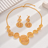 18K Gold Plating Hollow Flat Round Bib Necklace & Dangle Stud Earrings SK5098-1