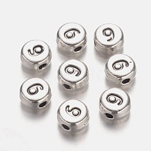 Flat Round Antique Silver Tone Alloy Number Beads PALLOY-K194-09AS