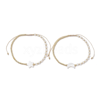 2Pcs 2 Styles Moon & Star Freshwater Shell & Natural Rainbow Moonstone Braided Bead Bracelet Sets BJEW-JB10531-1