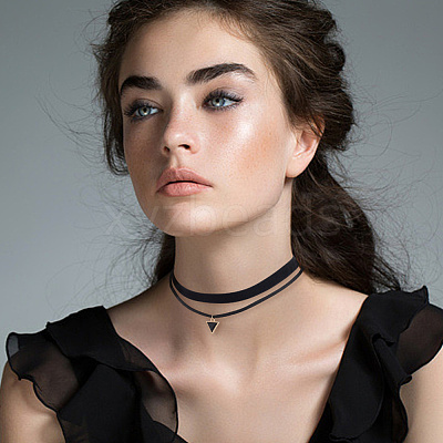 4Pcs 2Styles Alloy & Black Velvet Inverted Triangle Pendant Double Layer Choker Necklaces NJEW-WH20002-11B-1