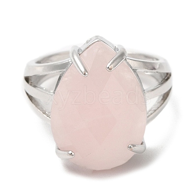 Natural Rose Quartz Teardrop Adjustable Rings RJEW-K241-03P-14-1