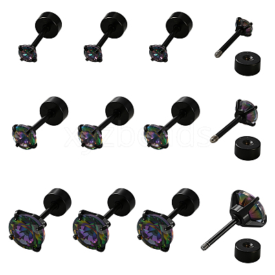 12Pcs 3 Styles 304 Stainless Steel Flat Round Stud Earrings EJEW-GO0002-22-1