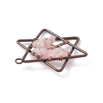 Pentagram Natural Rose Quartz Copper Wire Wrapped Chip Big Pendants G-E195-10R-01-1