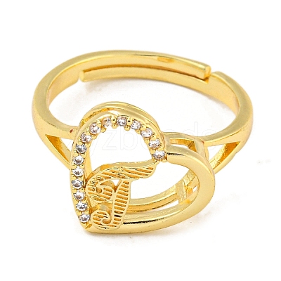 Heart with Letter Rack Plating Brass Micro Pave Cubic Zirconia Adjustable Rings for Women RJEW-I105-06G-J-1