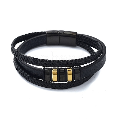 Men's Black PU Leather Cord Multi-Strand Bracelets BJEW-K243-49G-1