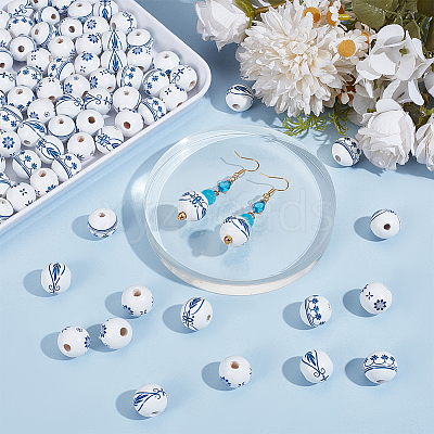 120Pcs 3 Styles Printed Blue and White Porcelain Wood Beads WOOD-OC0004-16-1