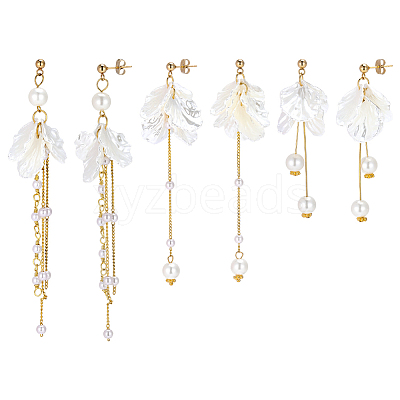 3 Pairs 304 Stainless Steel Flower Tassel Stud Earrings EJEW-PH01461-1