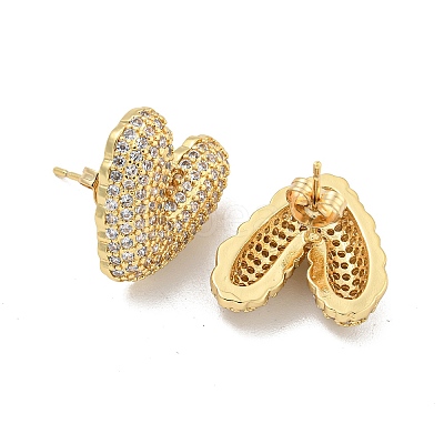 Heart Brass Pave Clear Cubic Zirconia Stud Earrings EJEW-M258-82G-1