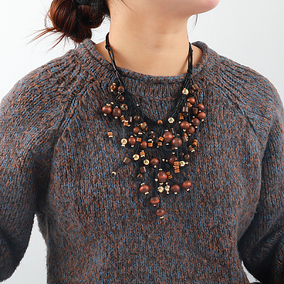 Bohemian Style Round Wood & CCB Beads Tassel Bib Necklaces WGF170D-01-1