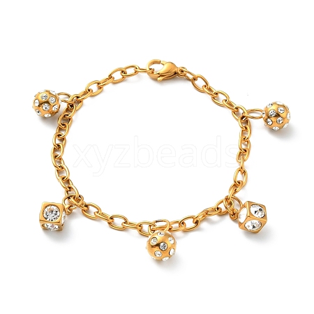 Clear Cubic Zirconia Cube and Ball Charms Bracelet with PVD Vacuum Plating 304 Stainless Steel Chains for Women BJEW-E108-12G-1