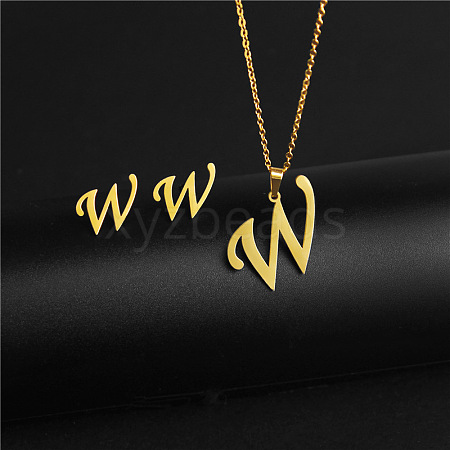 304 Stainless Steel Letter Pendant Necklaces & Stud Earrings Sets WG4BFDA-23-1