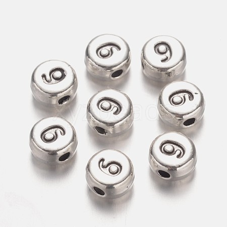 Flat Round Antique Silver Tone Alloy Number Beads PALLOY-K194-09AS-1