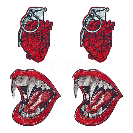 GOMAKERER 4Pcs 2 Style Realistic Heart & Vampire Mouth Polyester Embroidery Cloth Iron On/Sew On Patches AJEW-GO0001-54-1