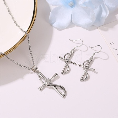 Cross Alloy Crystal Rhinestone Pendant Necklace & Dangle Earrings Sets for Women WG08149-03-1