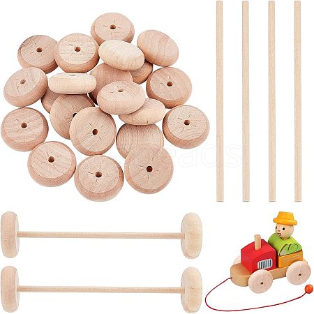 Olycraft 24Pcs Schima Wood Vehicle Wheels and 12Pcs Schima Wood Sticks DIY-OC0004-19-1