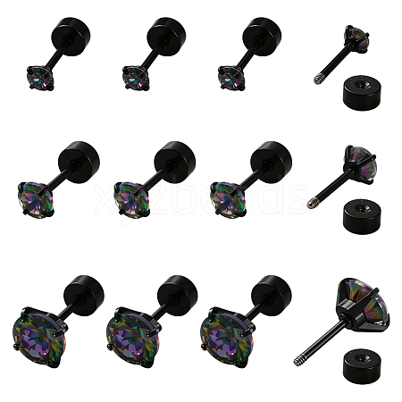 12Pcs 3 Styles 304 Stainless Steel Flat Round Stud Earrings EJEW-GO0002-22-1