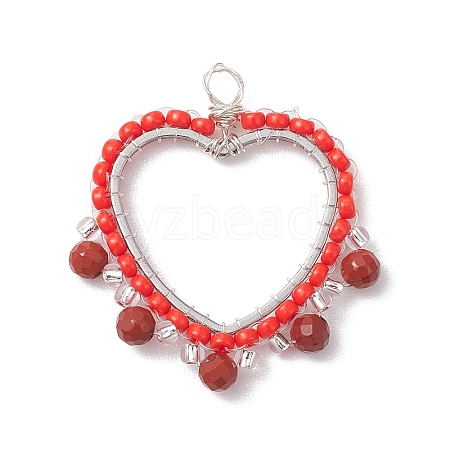 Wire Wrapped Natural Red Jasper & Glass Bead Pendants PALLOY-MZ00201-1