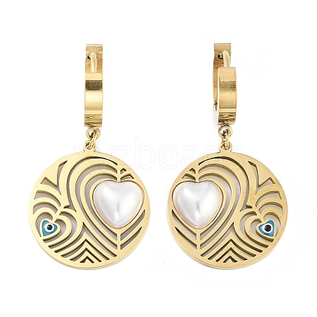 Left and Right Flat Round with Heart 304 Stainless Steel Dangle Earrings EJEW-L283-073G-1