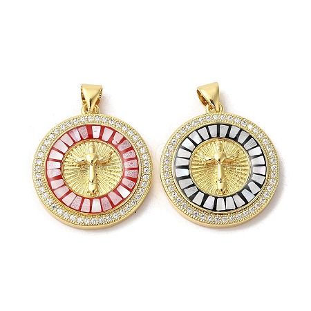 Flat Round with Cross Brass Micro Pave Cubic Zirconia Pendants KK-K385-037G-1