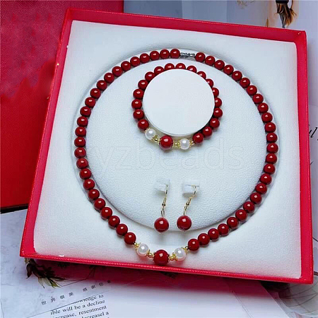 Cinnabar Round Beaded Necklaces & Bracelets & Dangle Earring Sets WGFCFD5-04-1