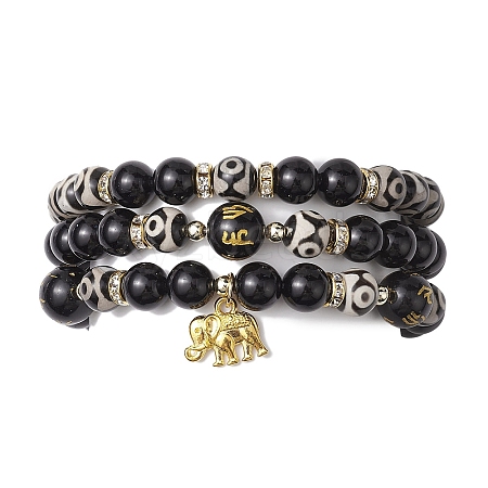 3Pcs 3 Styles 8mm Round Natural Tibetan 3-Eye dZi Agate & Eyeless Obsidian Beaded Stretch Bracelet Sets BJEW-JB10336-1