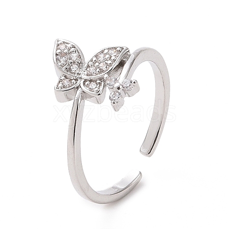 Clear Cubic Zirconia Butterfly with Flower Open Cuff Ring RJEW-I094-12P-1