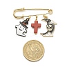 Halloween Ghost & Skull Moon Alloy Enamel Charm Safety Pin with Synthetic Turquoise Cross JEWB-BR00069-03-4