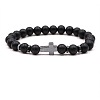 8MM Round Frosted Natural Obsidian Beaded Stretch Bracelets with Synthetic Non-magnetic Hematite Cross FA1012-18-1