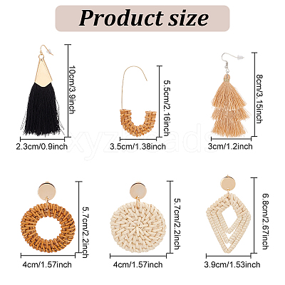 6 Pairs 6 Style Donut & Kite & Flat Round & Arch Rattan Dangle Stud Earrings EJEW-AN0001-28-1
