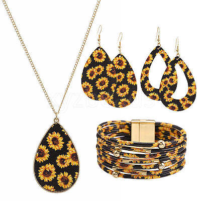 Sunflower Pattern Imitation Leather Teardrop Pendant Necklace & Dangle Earrings & Multi-Strand Bracelet JX529A-1