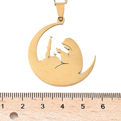 201 Stainless Steel Moon with Woman Pendant Necklaces for Ramadan & Eid Mubarak NJEW-D318-02G-1