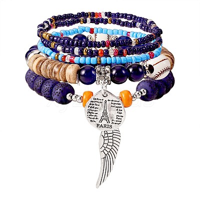 5Pcs 5 Style Wood & Glass Seed & Acrylic Beaded Stretch Bracelets Set with Baseball JB709E-1