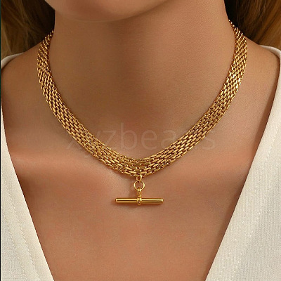 304 Stainless Steel Column Bar Pendant Mesh Chain Necklaces for Women GV4804-1-1