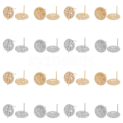 8Pcs 4 Style Flat Round with Flower Brass Micro Pave Clear Cubic Zirconia Stud Earrings Findings KK-DC0002-90-1