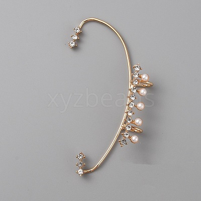 Crystal Rhinestone Curved Bar Cuff Earrings with Imitation Pearl Beaded EJEW-WH0017-37B-G-1