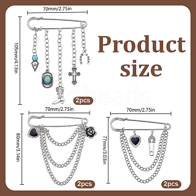 6Pcs 3 Stylesc Alloy Safety Pins JEWB-HY0001-66B-1