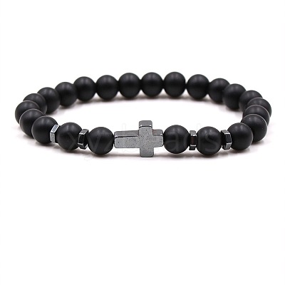 8MM Round Frosted Natural Obsidian Beaded Stretch Bracelets with Synthetic Non-magnetic Hematite Cross FA1012-18-1