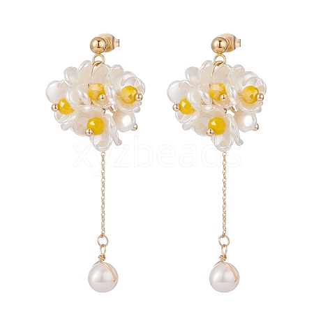 Plastic Pearl Cluster Flower with Long Tassel Dangle Stud Earrings EJEW-TA00119-1