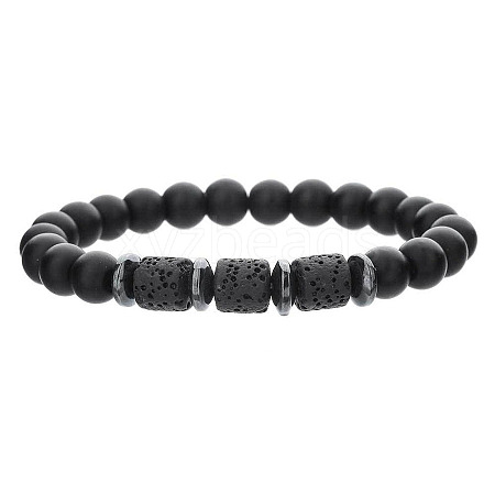 Round Natural Obsidian & Colunm Lava Rock & Synthetic Non-magnetic Hematite Stretch Beaded Bracelet for Women Men OR8380-2-1