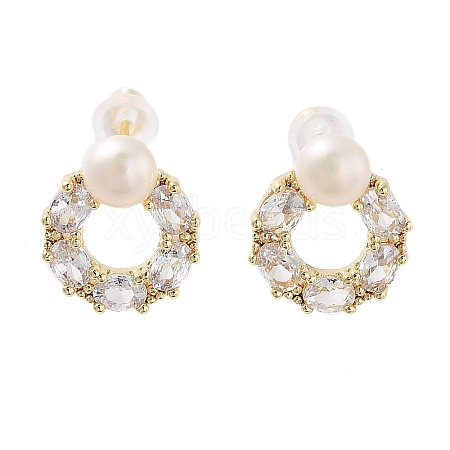 Ring Natural Pearl Stud Earrings with Brass Micro Pave Cubic Zirconia and 925 Sterling Silver Pins EJEW-P256-88G-1