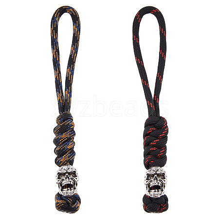 HOBBIESAY 2Pcs 2 Colors Braided Polyester EDC Knife Parachute Lanyard Alloy Skull Bead Pendant Decoration for Men HJEW-HY0001-07-1