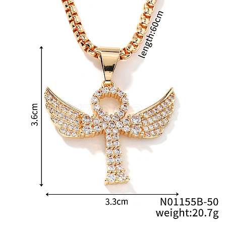 Elegant Brass Crystal Rhinestone Winged Cross Pendant Box Chain Necklaces OK2831-2-1