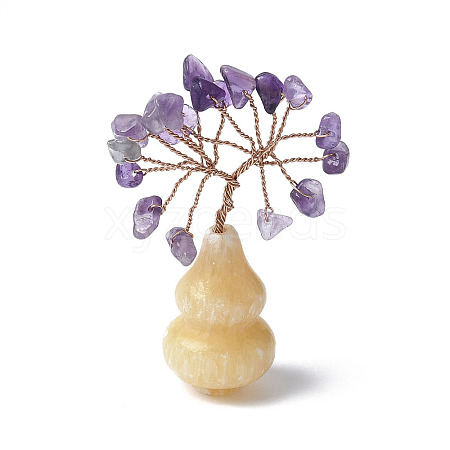 Natural Amethyst Chips Tree of Life Decorations with Topaz Gourd Base DJEW-P021-A03-1