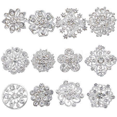 Gorgecraft 12Pcs 12 Style Crystal Rhinestone Flower Brooch Pins JEWB-GF0001-36B-1